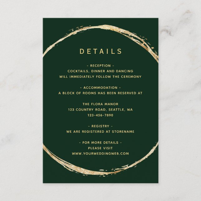 Forest Green Rustic Gold Circle Wedding Details Enclosure Card (Front)