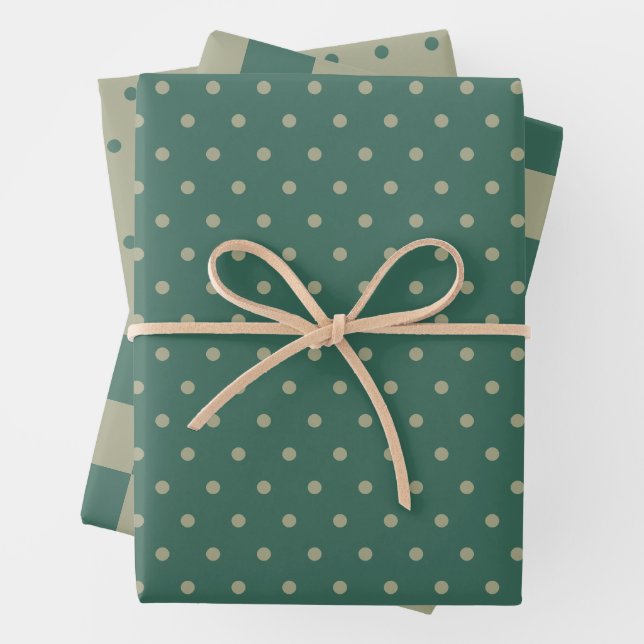 Forest Green & Sage Checkerboard and Dot Pattern Wrapping Paper Sheets (In situ)