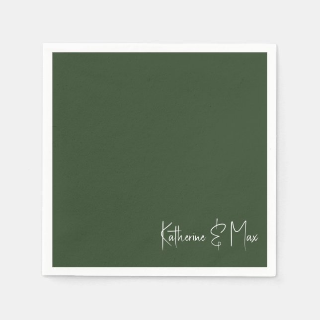 Forest Green Script Names Wedding Cocktail Napkins (Front)