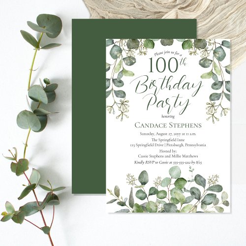 Forest Green Seed Eucalyptus 100th Birthday Party Invitation