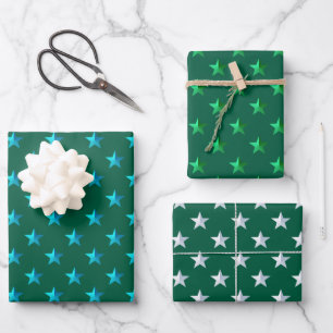 Forest Green Silver Turquoise Blue Stars Wrapping Paper Sheets