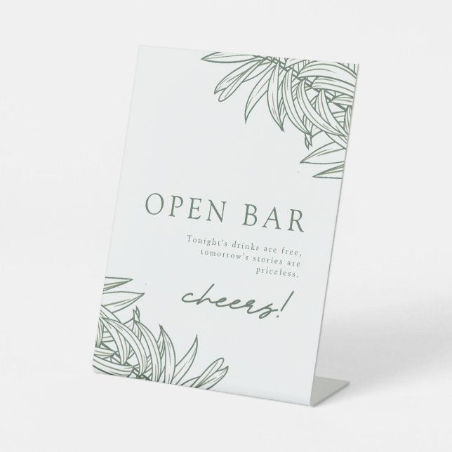 Forest Green Simple Botanical Open Bar  Pedestal Sign (Front)