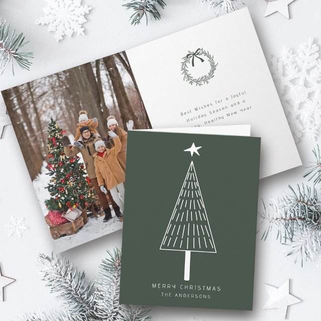 Forest Green Simple Christmas Pine Tree Photo  Holiday Card (Front & Inside)