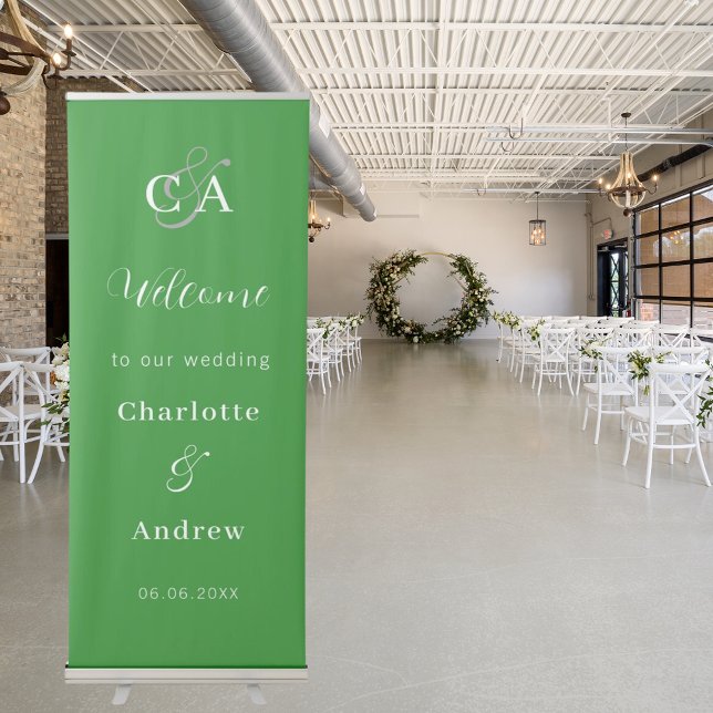 Forest green simple monogram wedding welcome retractable banner (Creator Uploaded)