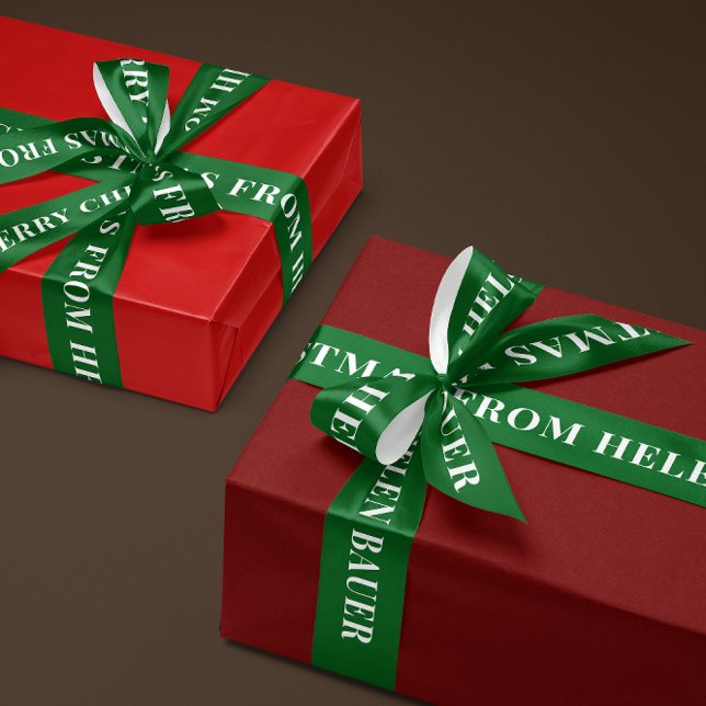 Forest Green Simple Text Merry Christmas Gift Satin Ribbon (personalized green and white Merry Christmas gift ribbon with name)