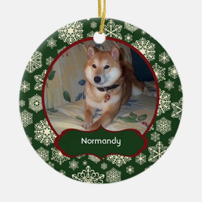 Forest Green Snowflakes Personalized Photo Round Ceramic Ornament (Front)