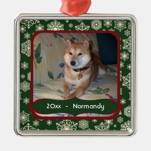 Forest Green Snowflakes Personalized Photo Square Metal Ornament