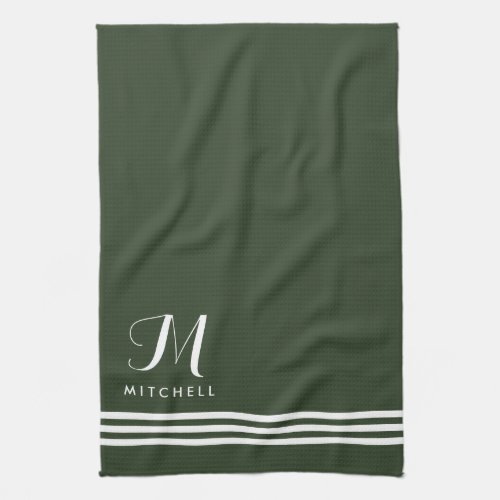 Forest Green Sophisticated Stripes and Monogram Kitchen Towel