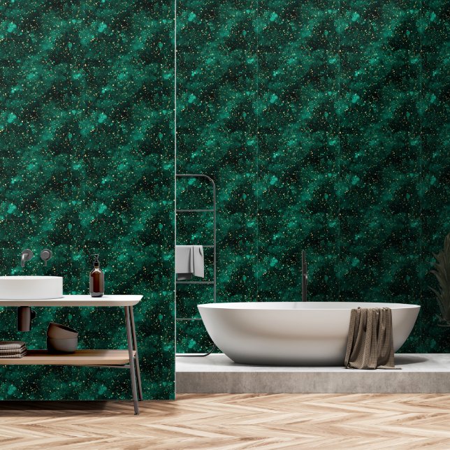 Forest Green Sparkling Gold Glitter Luxury Pattern Wallpaper (Bathroom)