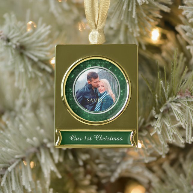 Forest Green Starry Lights First Christmas Gold Plated Banner Ornament (Tree)