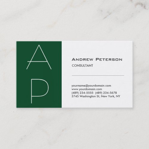 Forest Green Stripe Monogram White Business Card
