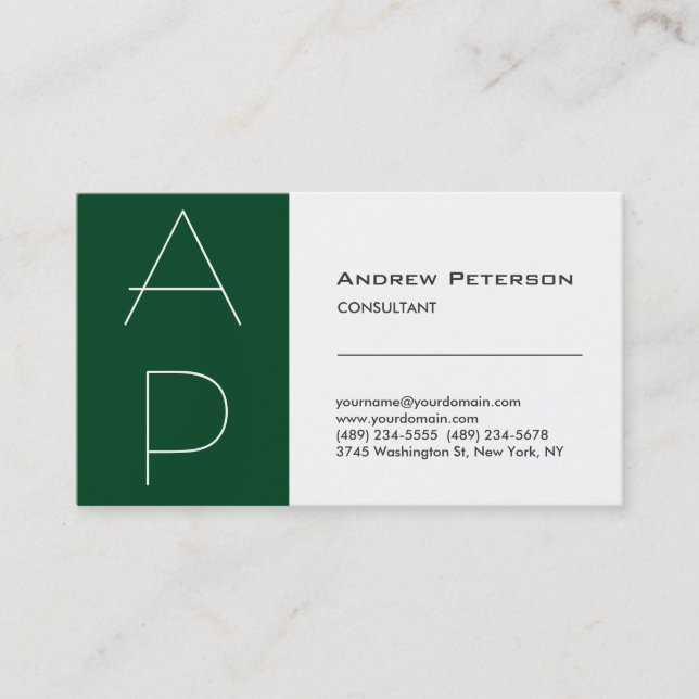 Forest Green Stripe Monogram White Business Card (Front)