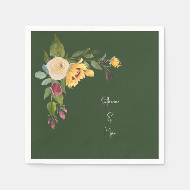 Forest Green Sunflower Wedding Cocktail Napkins (Front)