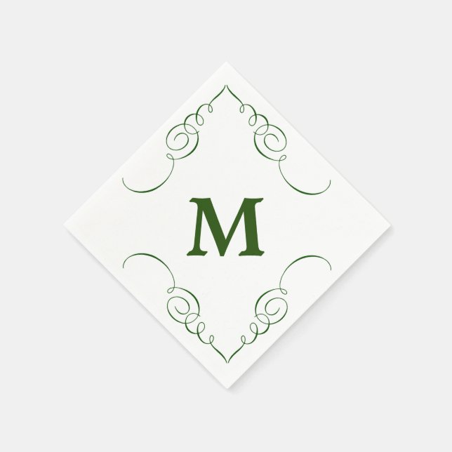 Forest Green Swirl Border Monogram All Occasion Paper Napkins (Corner)
