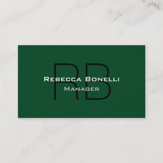 Forest Green Trendy Plain Monogram Business Card (Front)