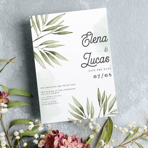 Forest green tropical watercolor leaves wedding invitation