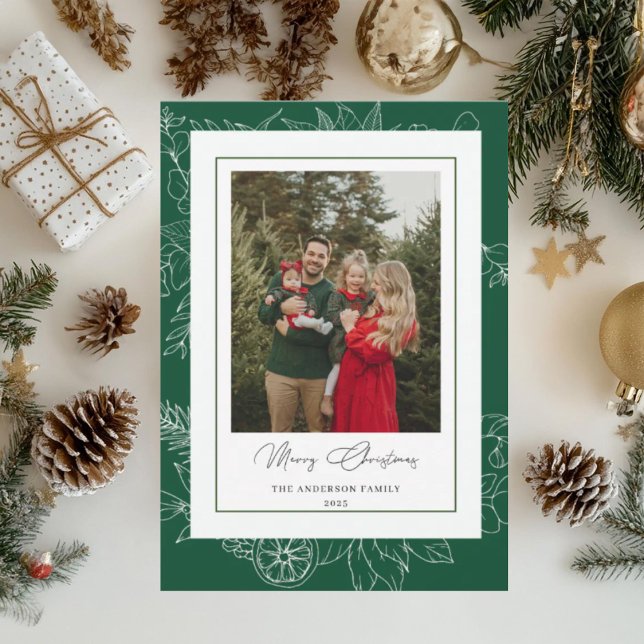 Forest Green Vintage Botanical Christmas Photo Holiday Card (Creator Uploaded)
