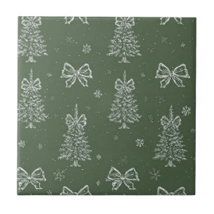 Forest Green Vintage Evergreen Winter Pattern Ceramic Tile