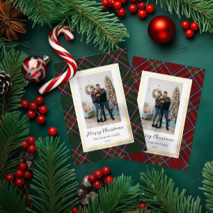 Forest  Green Vintage Plaid Christmas Photo  Foil Holiday Card