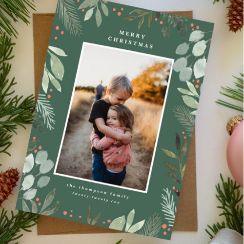 Forest Green Watercolor Merry Christmas Photo Card