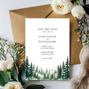 Forest Green Watercolor Pine Trees Rustic Wedding Save The Date