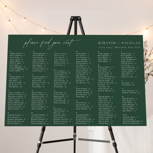 Forest Green Wedding Alphabetical Seating Chart Foam Board (In Situ (Stand))