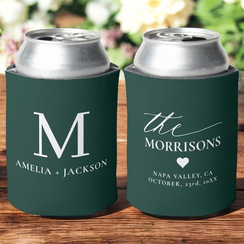 Forest Green Wedding Favor Monogram Name Heart Can Cooler