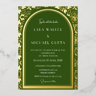 Forest Green Wedding (Retro-Dotted) Foil Invitation