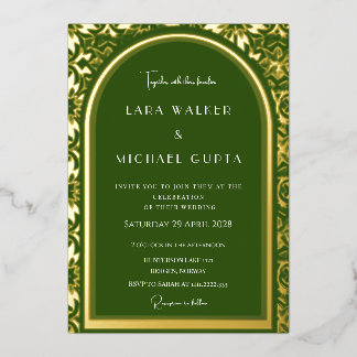 Forest Green Wedding (Retro-Dotted) Foil Invitation