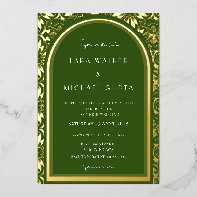 Forest Green Wedding (Retro-Dotted) Foil Invitation (Front)