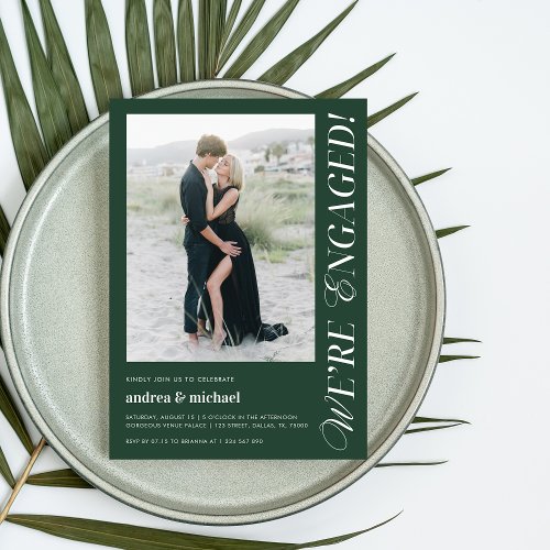 Forest Green Were Engaged Modern Engagement Photo Invitation