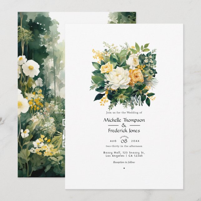 Forest Green, White and Gold Floral Wedding Invitation (Front/Back)