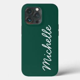 Forest Green &amp; White Custom Cursive Name or Text iPhone 13 Pro Case