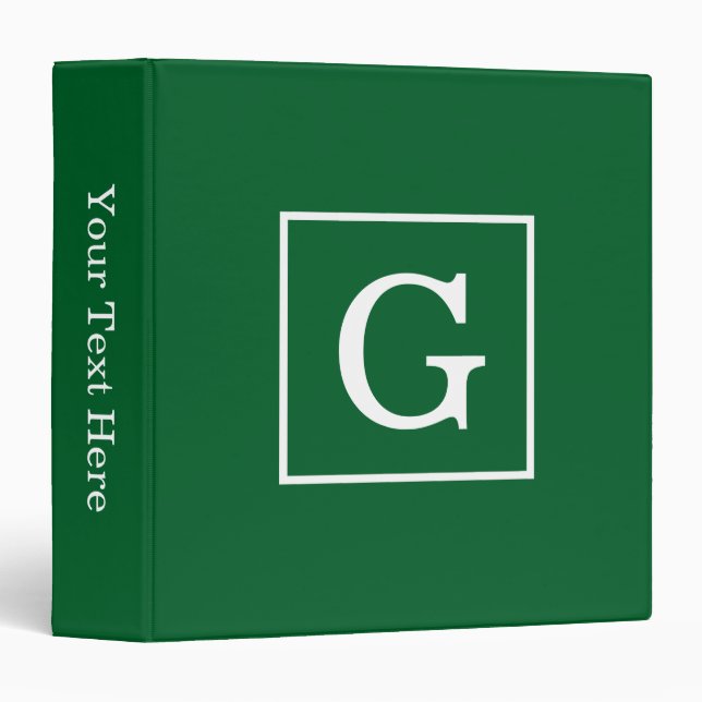 Forest Green White Framed Initial Monogram 3 Ring Binder (Front/Spine)