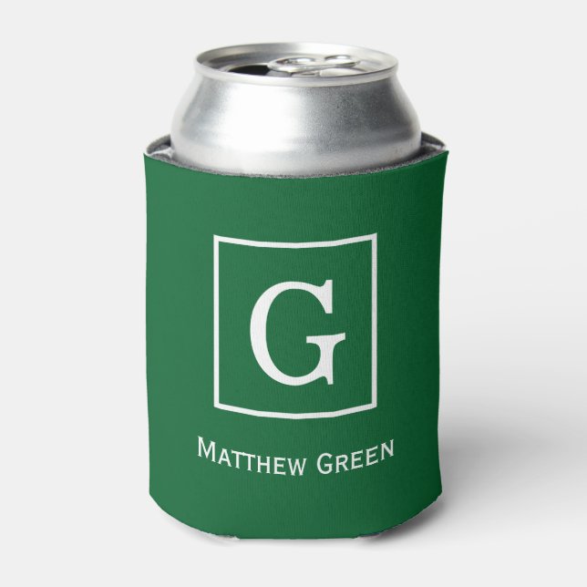 Forest Green White Framed Initial Monogram Can Cooler (Can Front)