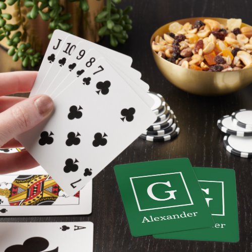 Forest Green White Framed Initial Monogram Poker Cards
