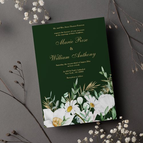 Forest green white gold daisies floral Wedding  Invitation