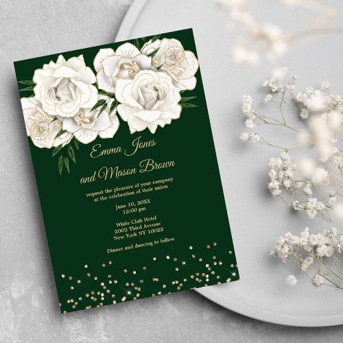 Forest green white gold glitter roses Wedding  Invitation