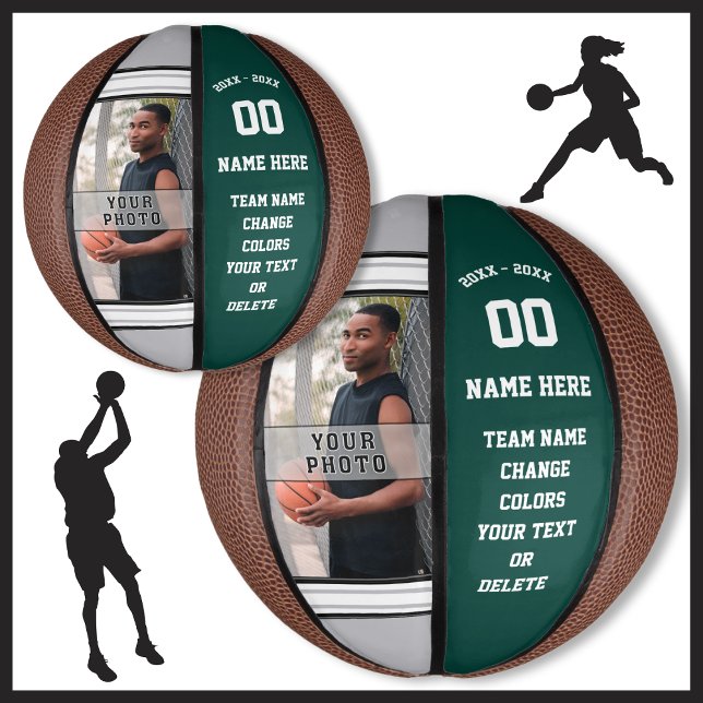 Forest Green, White, Gray Mini Basketball Ball (Personalised mini basketball. Senior night basketball gifts. Custom, Photo Basketball. Custom Mini.)