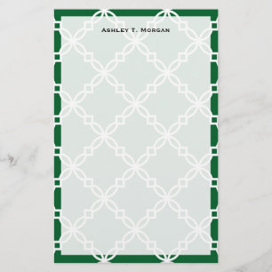 Forest Green White Large Fancy Quatrefoil Pattern Stationery