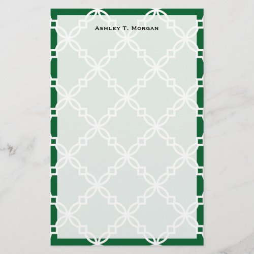 Forest Green White Large Fancy Quatrefoil Pattern Stationery