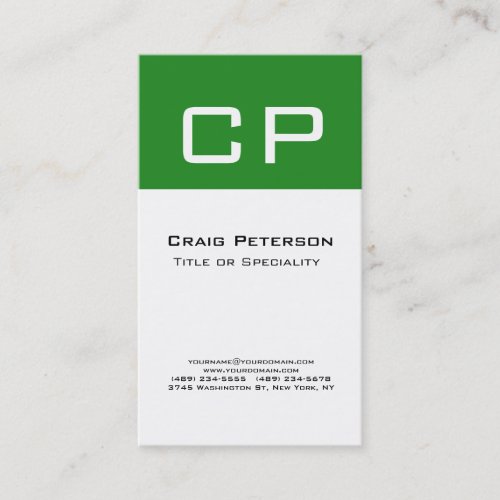 Forest Green White Monogram Modern Minimalist Business Card