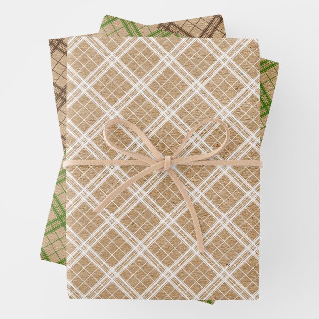 Forest Green White Tartan Faux Rustic Brown Kraft Wrapping Paper Sheets (In situ)