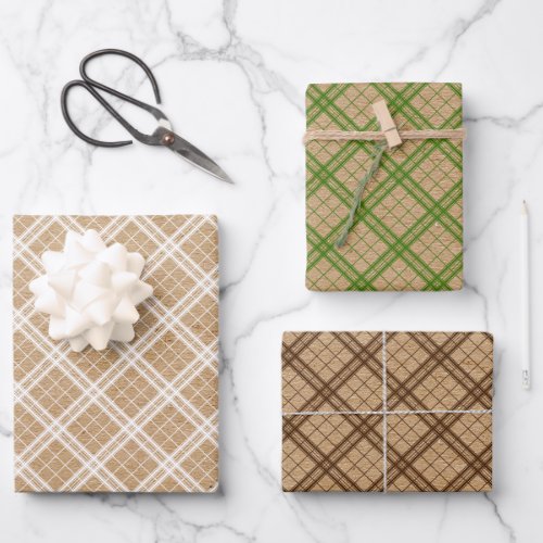 Forest Green White Tartan Faux Rustic Brown Kraft Wrapping Paper Sheets