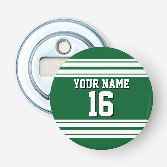 Forest Green White Team Jersey Custom Number Name Bottle Opener (Front)