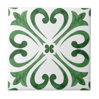 Forest Green & White Watercolor Floral Moroccan