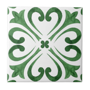 Forest Green & White Watercolor Floral Moroccan Ceramic Tile
