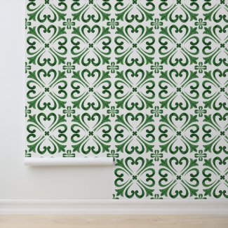 Forest Green White Watercolor Floral Moroccan Tile