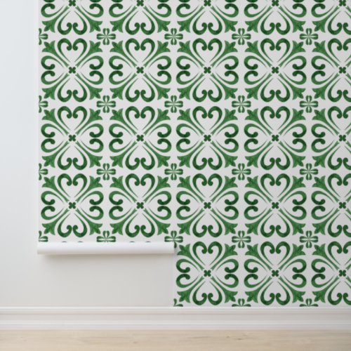 Forest Green White Watercolor Floral Moroccan Tile Wallpaper