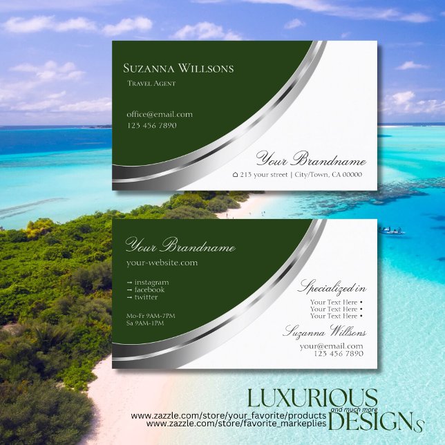 Forest Green White with Decorative Silver Decor Business Card (Creator Uploaded)
